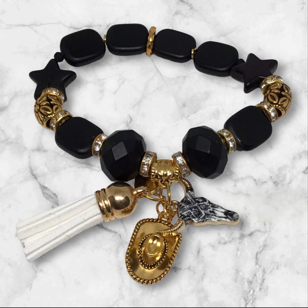 Western Beaded Black Stones Stretch Rhinestone Cowgirl Chic Charm Bracelet